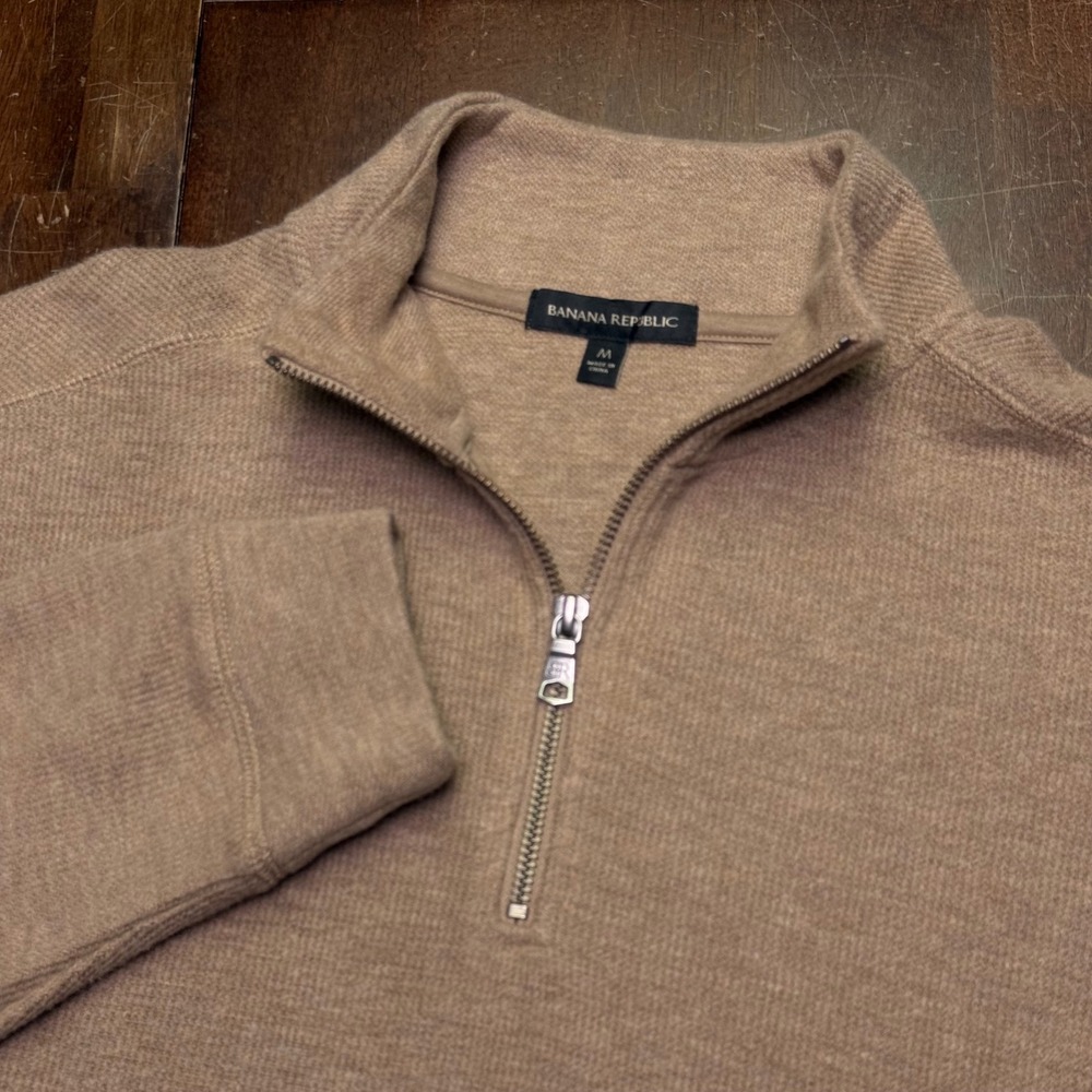 Banana Republic Quarter Zip Pullover Mens M Tan Textured Cotton Blend 1799236